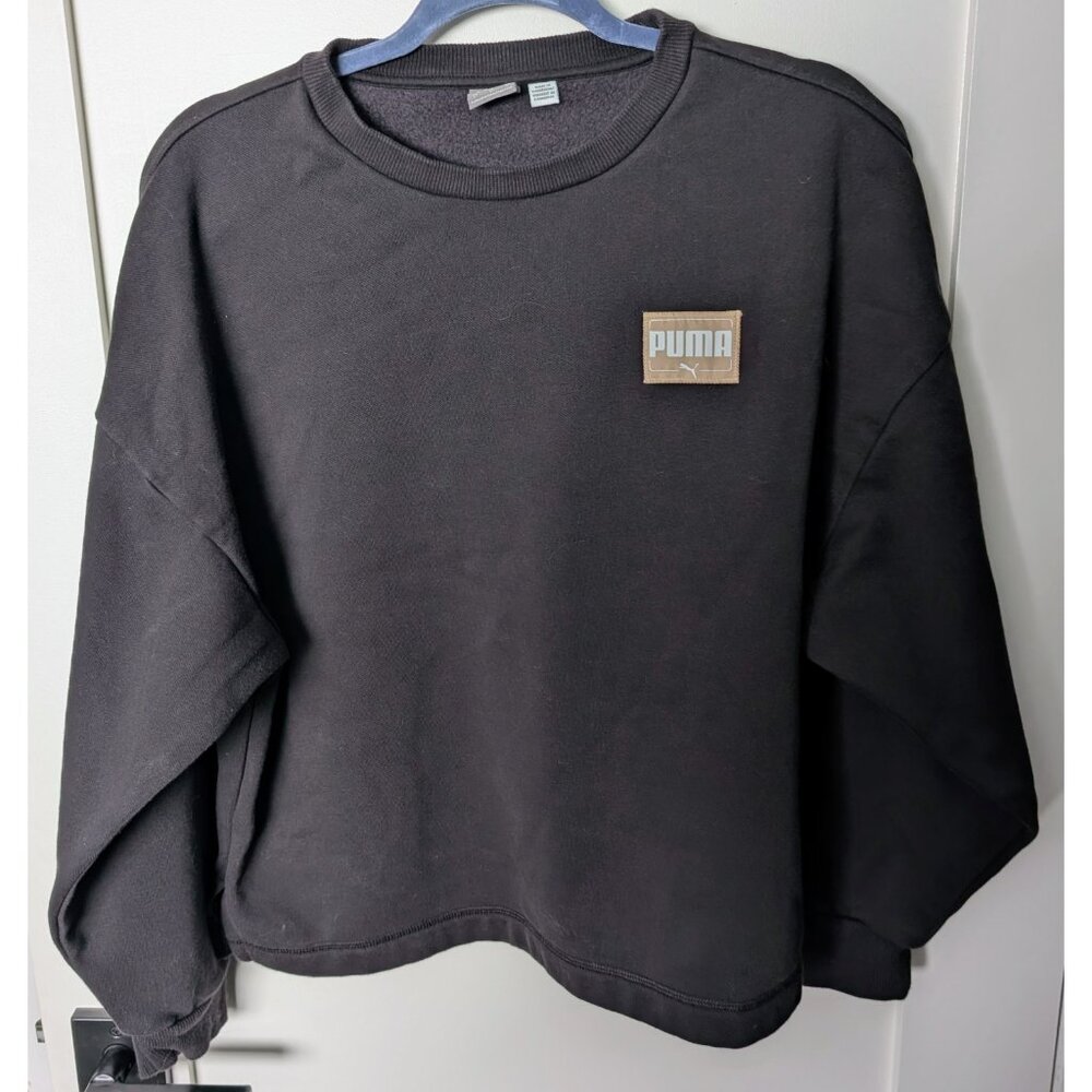 PUMA Black w/ Tan Logo Fleece Crop Crewneck Sweatshirt Women’s Size Large L